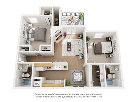 Floor plan for 2 beds, 2 baths, 857 sqft